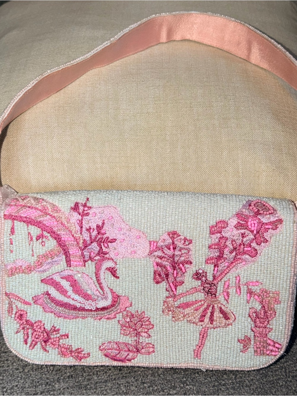 Hand Crafted Pink Embroidered Swan & Ballerina Shoulder Bag